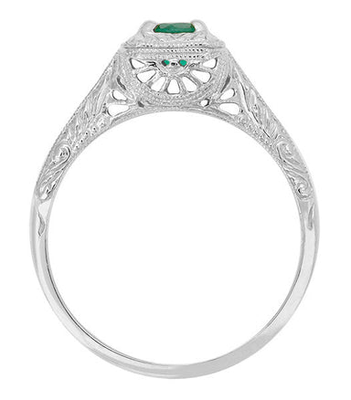 Art Deco Emerald Scrolls Engraved Filigree Engagement Ring in 14 Karat White Gold - alternate view