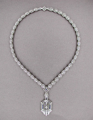 Art Deco Filigree Drop Pendant Necklace Set with Sapphire and Diamonds in Sterling Silver - alternate view