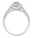 Filigree Scrolls Engraved Art Deco Blue Sapphire Engagement Ring in 14 Karat White Gold