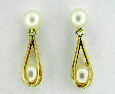 Hanging Basket Drop Pearl Estate Earrings in 14 Karat Gold