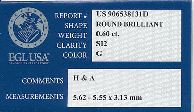 0.60 Carat G Color SI2 Clarity Loose Hearts and Arrows Diamond | Excellent Cut and Eye Clean with EGL USA Report - alternate view