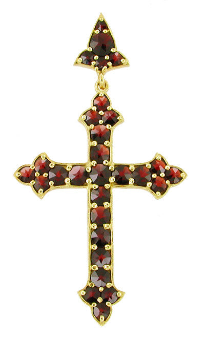 A Victorian Bohemian Garnet Gothic Cross Pendant in Sterling Silver with Yellow Gold Vermeil, featuring a cross with natural rose cut garnets. - CSS11