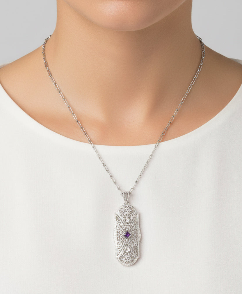 Art Deco Amethyst and Diamonds Floral Filigree Pendant Necklace in Sterling Silver - Item: N151AM - Image: 5