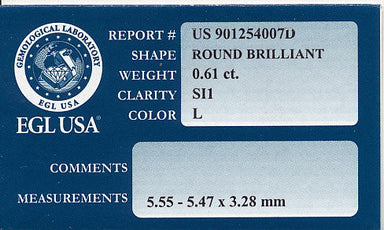 Loose 0.61 Carat Round Brilliant Cut Diamond Natural Warm L Color and Very Clean SI1 Clarity | EGL USA Report - alternate view