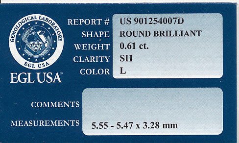Loose 0.61 Carat Round Brilliant Cut Diamond Natural Warm L Color and Very Clean SI1 Clarity | EGL USA Report - Item: D266 - Image: 2
