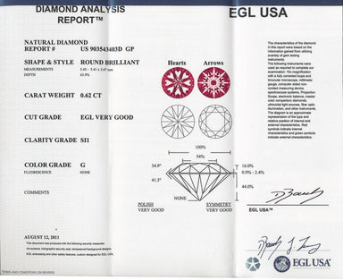 0.62 G Color SI1 Clarity Natural Loose Round Diamond EGL USA Graded Hearts and Arrows Cut - alternate view