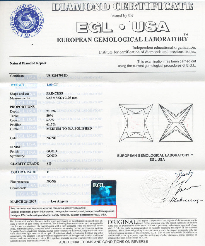 1.00 Carat Loose Princess Cut Diamond Diamond E Color SI3 Clarity with EGL USA Report | Natural - Item: D113 - Image: 2