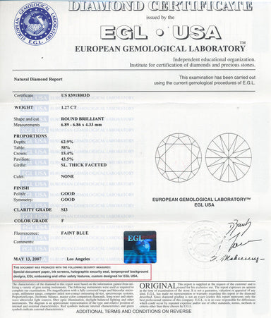 Natural Loose 1.27 Carat Round Diamond F Color SI3 Clarity - EGL USA - alternate view
