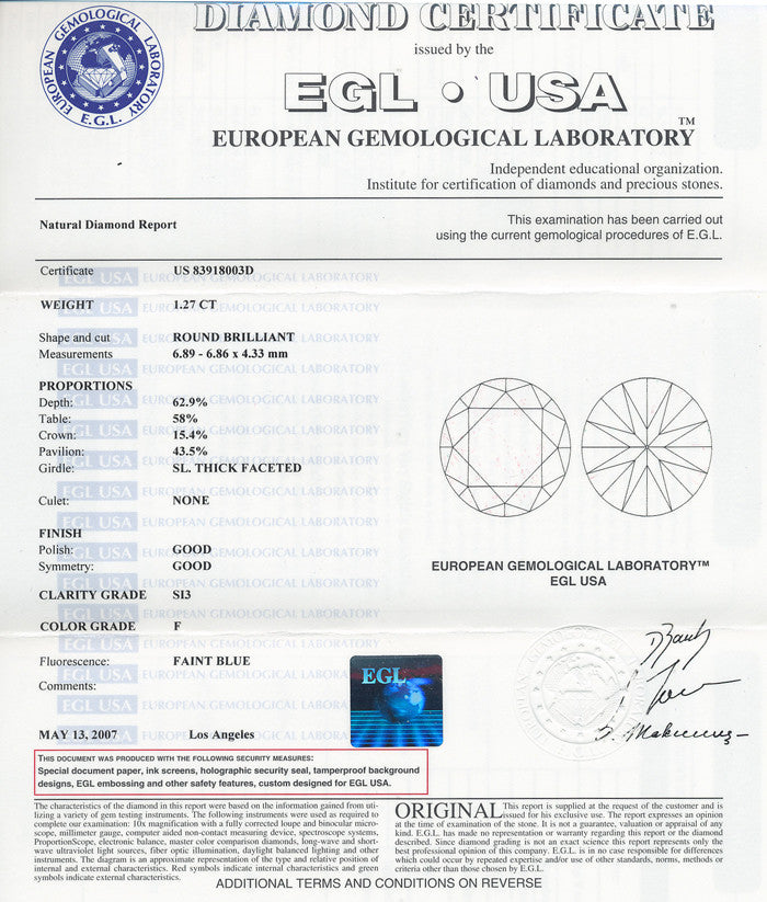 Natural Loose 1.27 Carat Round Diamond F Color SI3 Clarity - EGL USA - Item: D115 - Image: 2