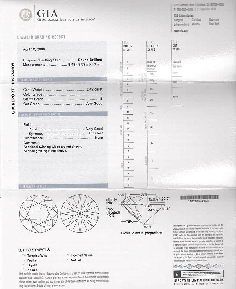 2.42 Carat - I Color - I1 Clarity - Large Loose Round Brilliant Cut Natural Diamond | Very Good Cut | GIA - Item: DS588 - Image: 2