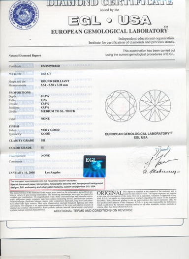 0.63 Carat Loose Round Brilliant Cut Diamond Natural H Color SI1 Clarity with EGL USA Report  |  Very Good Polish, Eye Clean - alternate view