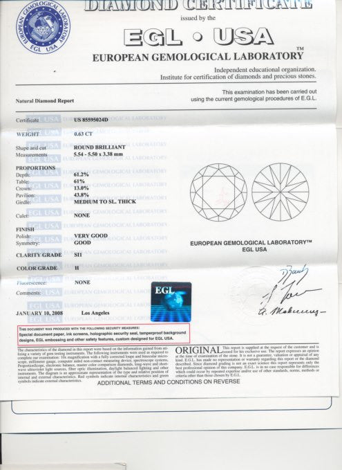 0.63 Carat Loose Round Brilliant Cut Diamond Natural H Color SI1 Clarity with EGL USA Report  |  Very Good Polish, Eye Clean - Item: D117 - Image: 2