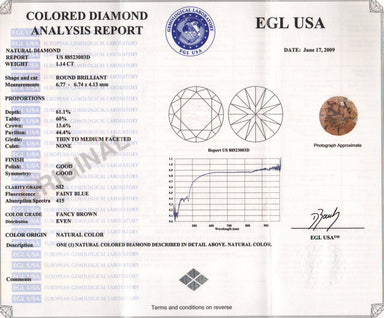 1.14 Carat Cinnamon Color Loose Natural Fancy Brown Diamond | Round Brilliant SI2 Clarity - alternate view