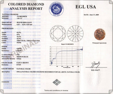 1.01 Carat Cognac Hue Natural Fancy Loose Brown Diamond | Round Brilliant VS2 Clarity - alternate view