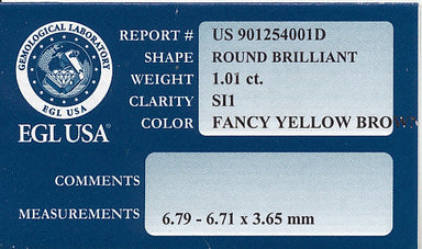 1.01 Carat Natural Fancy Yellow Brown Color Loose Diamond | Round Brilliant SI1 Clarity - alternate view