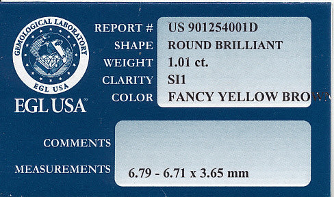 1.01 Carat Natural Fancy Yellow Brown Color Loose Diamond | Round Brilliant SI1 Clarity - Item: D264 - Image: 2