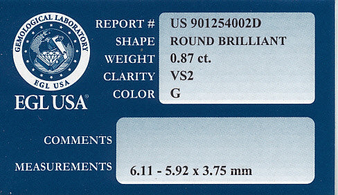 Loose 0.87 Carat G Color VS2 Clarity Round Brilliant Cut Diamond with EGL USA Report | Natural Gorgeous White - Item: D265 - Image: 2