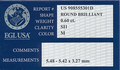 0.60 Carat Loose Diamond | Natural Round Brilliant - Warm M Color SI1 Clarity | Good Cut with EGL USA Report - alternate view