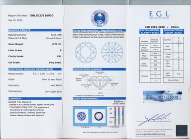 Gorgeous Tolkowsky Ideal Cut 0.73 Carat Round Brilliant Cut Natural Diamond | F Color VS1 Clarity EGL Graded - alternate view