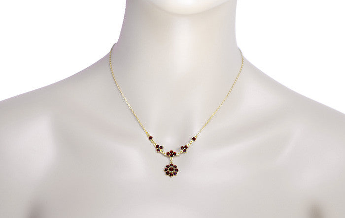 Lovely Victorian Bohemian Garnet Floral Drop Necklace in Sterling Silver and Yellow Gold Vermeil - Item: N112-17 - Image: 3