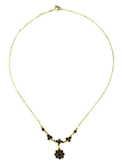 Lovely Victorian Bohemian Garnet Floral Drop Necklace in Sterling Silver and Yellow Gold Vermeil - Item: N112-17 - Image: 2