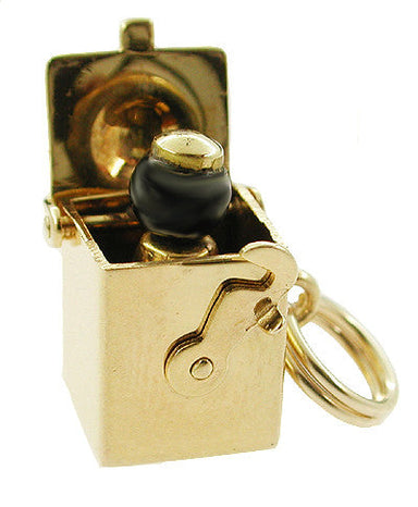 Vintage Movable Jack in the Box Charm - Yellow 14K Gold - 1950s Antique - Black Box Lid Open - C185