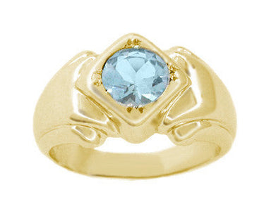Mens Art Deco Aquamarine Ring in 14 Karat Yellow Gold