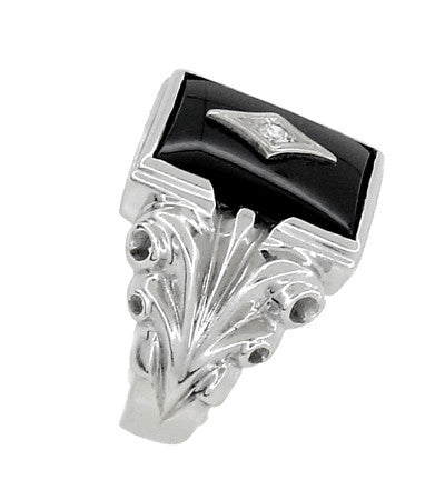Men's Corinthian Scrolls Onyx and Diamond Antique Ring in 10 Karat Gold - Item: MR123 - Image: 2