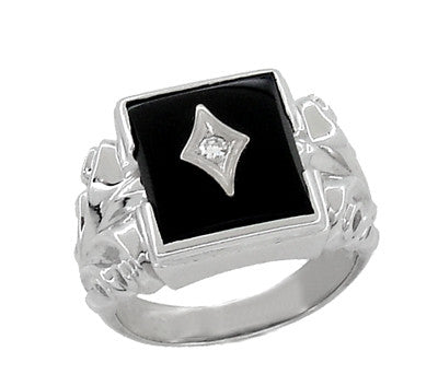 Men's Corinthian Scrolls Onyx and Diamond Antique Ring in 10 Karat Gold