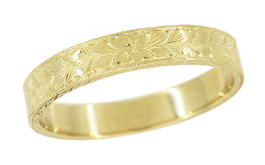 Yellow Gold Flat Profile Mens Wheat Engraved Vintage Wedding Ring 4mm Wide - MR858YND