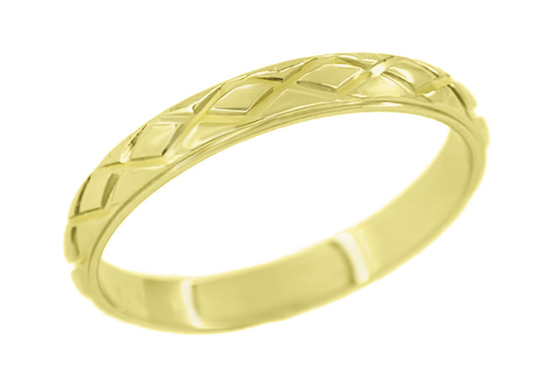 Mid Century Modern Yellow Gold X Hatch Carved Wedding Band - 4mm Wide