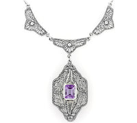 Art Deco Vintage Filigree Amethyst Dangle Drop Pendant Necklace in Sterling Silver