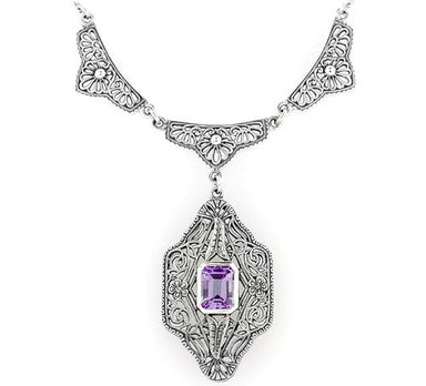 Art Deco Vintage Filigree Amethyst Dangle Drop Pendant Necklace in Sterling Silver