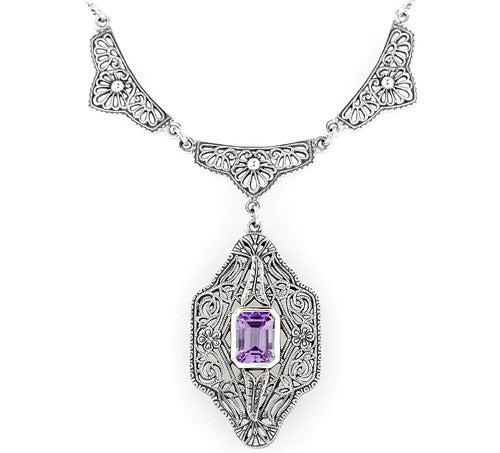 Art Deco Vintage Filigree Amethyst Dangle Drop Pendant Necklace in Sterling Silver