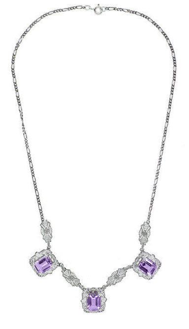 Art Deco Filigree Amethyst 3 Drop Necklace in Sterling Silver - alternate view
