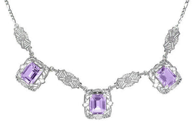 Art Deco Filigree Amethyst 3 Drop Necklace in Sterling Silver