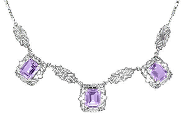 Art Deco Filigree Amethyst 3 Drop Necklace in Sterling Silver