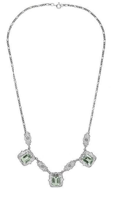 Art Deco Filigree Prasiolite ( Green Amethyst ) 3 Drop Necklace in Sterling Silver - alternate view