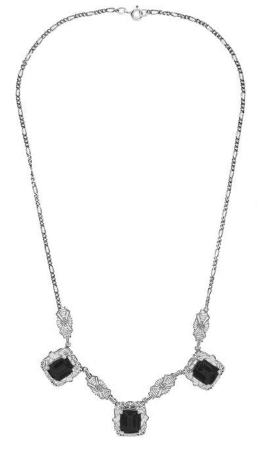 Art Deco Filigree Black Onyx 3 Drop Necklace in Sterling Silver - alternate view