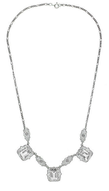 Art Deco Filigree White Topaz 3 Drop Necklace in Sterling Silver - alternate view