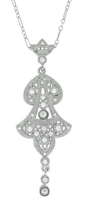 Edwardian Pearl Lavalier Drop Pendant Necklace in 14 Karat White Gold