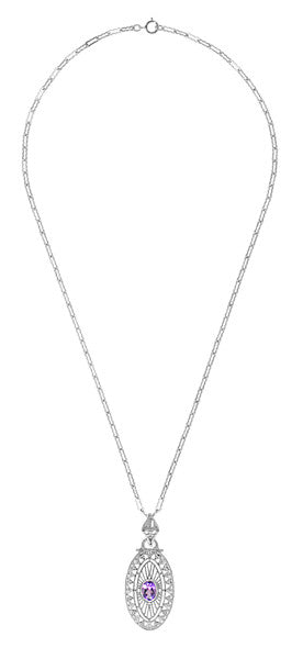 Art Deco Amethyst Filigree Oval Pendant Necklace in Sterling Silver - Item: N148AM - Image: 3