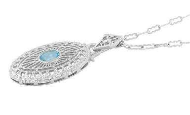 Art Deco Blue Topaz Filigree Oval Pendant Necklace in Sterling Silver - alternate view