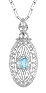Art Deco Blue Topaz Filigree Oval Pendant Necklace in Sterling Silver
