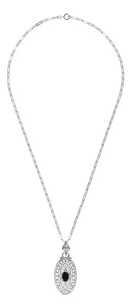 Art Deco Black Onyx Filigree Oval Pendant Necklace in Sterling Silver - Item: N148on - Image: 3