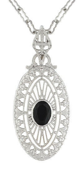 Art Deco Black Onyx Filigree Oval Pendant Necklace in Sterling Silver