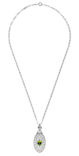 Art Deco Peridot Filigree Oval Pendant Necklace in Sterling Silver - Item: N148PER - Image: 3