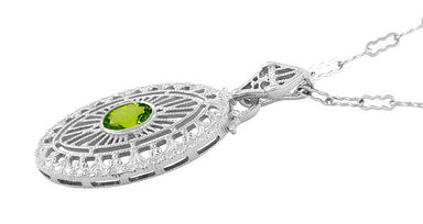 Art Deco Peridot Filigree Oval Pendant Necklace in Sterling Silver - alternate view