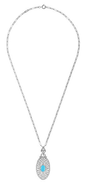 Art Deco Turquoise Filigree Oval Pendant Necklace in Sterling Silver - Item: N148TQ - Image: 3