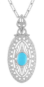 Art Deco Turquoise Filigree Oval Pendant Necklace in Sterling Silver